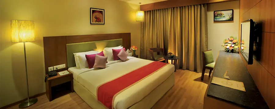 Double room with a wooden floor and floor lamp