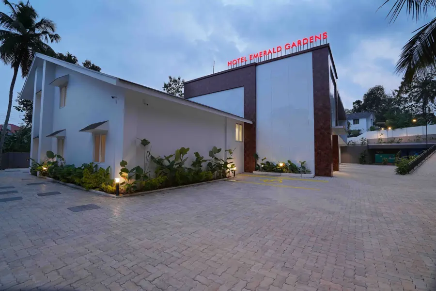 The hotel at dusk
