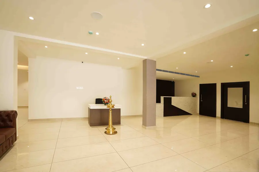 The lobby with its brass lamp